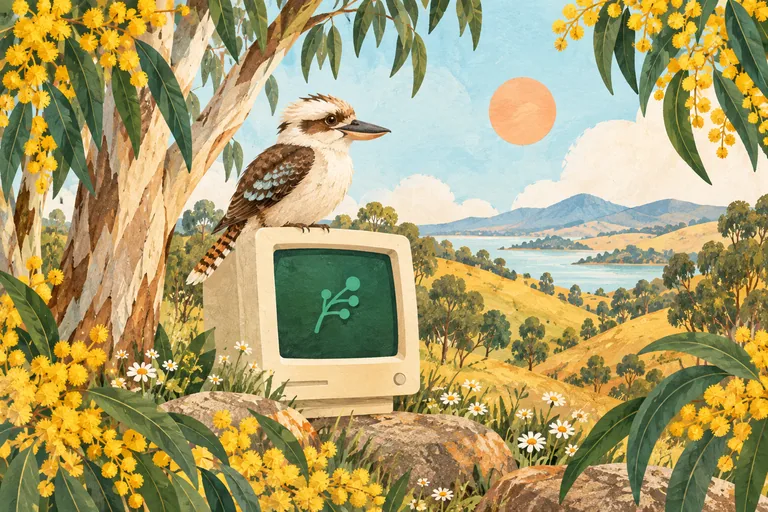 A kookaburra perched on a vintage computer among golden Australian wattle.