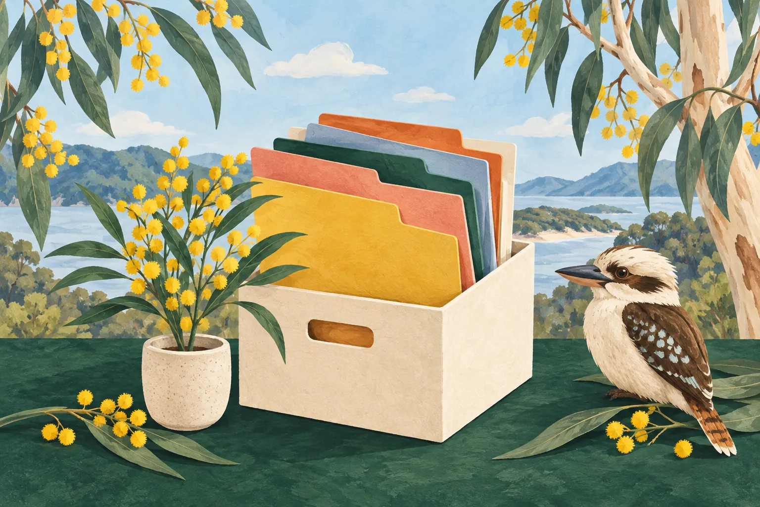 Colourful project folders, a little wattle plant and a curious kookaburra in the Australian sunshine.