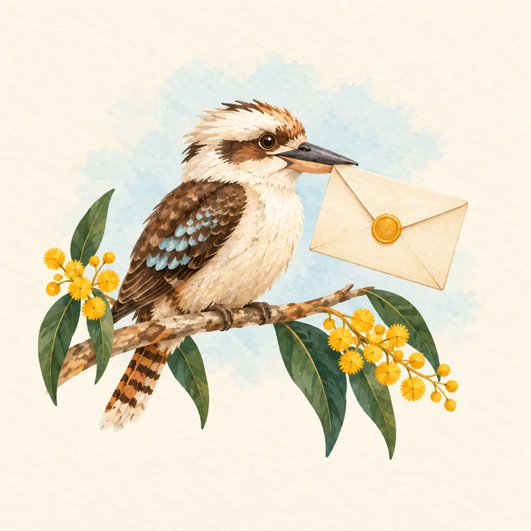 A friendly kookaburra delivering a little letter, surrounded by golden wattle.